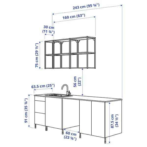 ENHET Kitchen - white/oak effect 243x63.5x222 cm , 243x63.5x222 cm