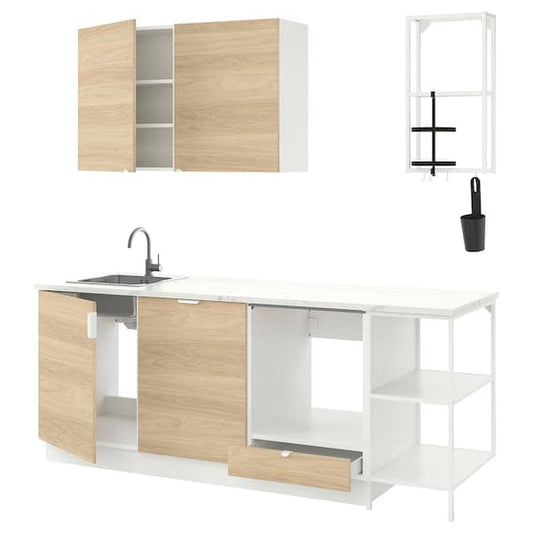 Ikea ENHET Kitchen - white/oak effect 223x63.5x222 cm ,