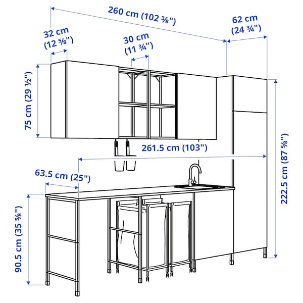 Ikea ENHET - Laundry, anthracite/white frame, 261.5x63.5x222.5 cm