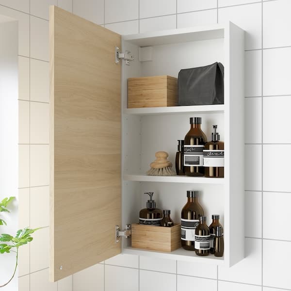 Ikea ENHET - Wall cb w 2 shlvs/door, white/oak effect, 40x17x75 cm