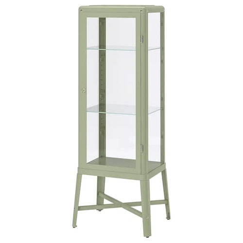 FABRIKÖR - Glass-door cabinet, pale grey-green, 57x150 cm