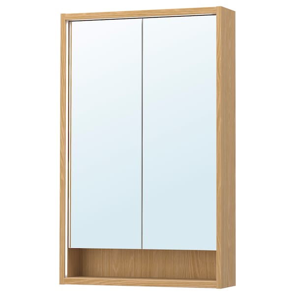 FAXÄLVEN - Mirror cabinet w built-in lighting, oak effect, 60x15x95 cm - best price from Maltashopper.com 09516711
