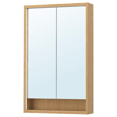 FAXÄLVEN - Mirror cabinet w built-in lighting, oak effect, 60x15x95 cm with wireless