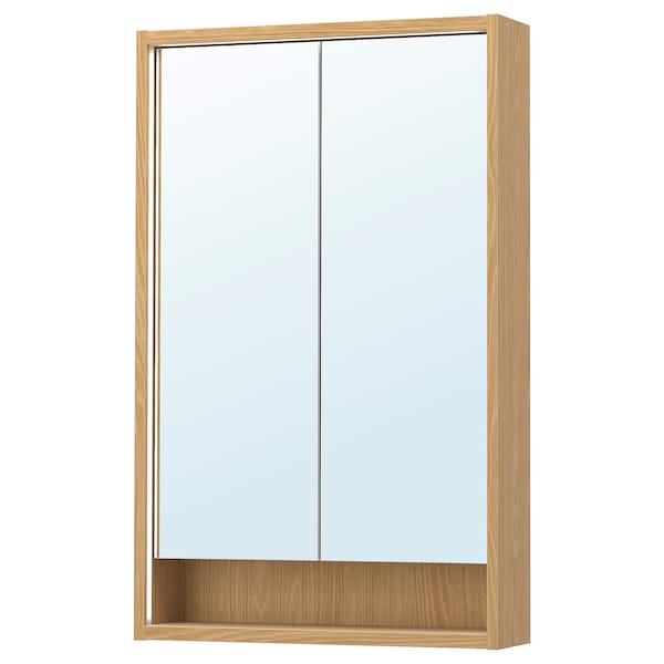 FAXÄLVEN - Mirror cabinet w built-in lighting, oak effect, 60x15x95 cm