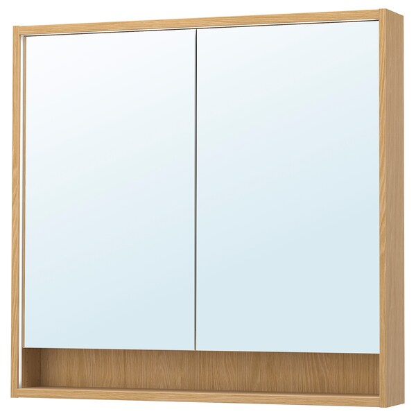 FAXÄLVEN - Mirror cabinet w built-in lighting, oak effect, 100x15x95 cm - best price from Maltashopper.com 49516714