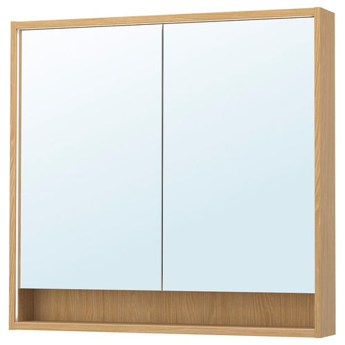FAXÄLVEN - Mirror cabinet w built-in lighting, oak effect, 100x15x95 cm