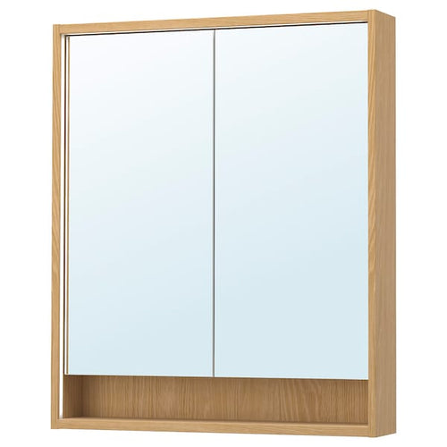 FAXÄLVEN - Mirror cabinet w built-in lighting, oak effect, 80x15x95 cm