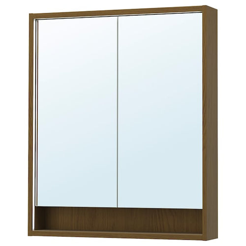 FAXÄLVEN - Mirror cabinet w built-in lighting, brown oak effect, 80x15x95 cm