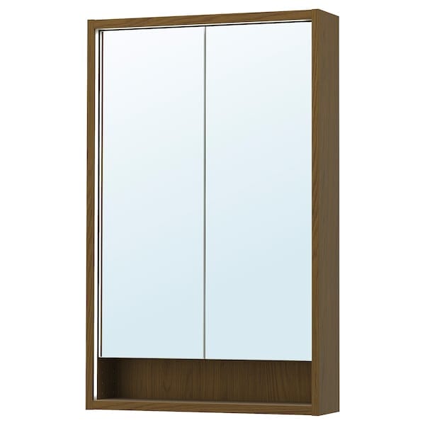 Ikea FAXÄLVEN - Mirror cabinet w built-in lighting, brown oak effect, 60x15x95 cm