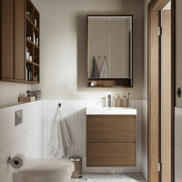 FAXÄLVEN - Mirror cabinet w built-in lighting, brown oak effect, 60x15x95 cm - best price from Maltashopper.com 89516707