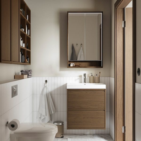 Ikea FAXÄLVEN - Mirror cabinet w built-in lighting, brown oak effect, 60x15x95 cm