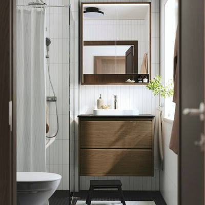 FAXÄLVEN - Mirror cabinet w built-in lighting, brown oak effect, 80x15x95 cm - best price from Maltashopper.com 69516708