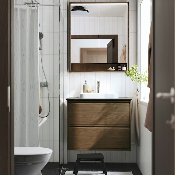 Ikea FAXÄLVEN - Mirror cabinet w built-in lighting, brown oak effect, 80x15x95 cm