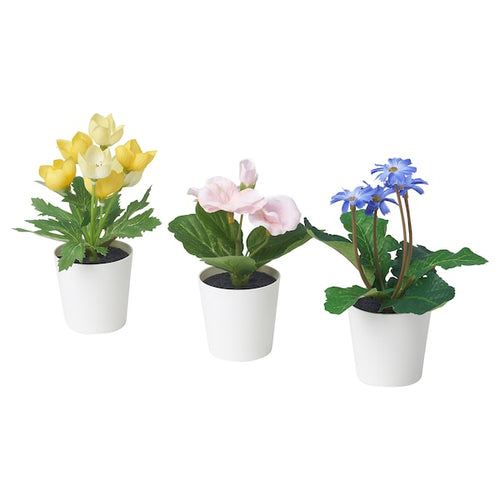 FEJKA - Artifi potted plant w pot, set of 3, in/outdoor yellow/pink purple, 6 cm
