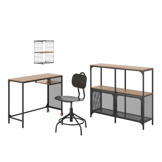 Ikea FJÄLLBO/KULLABERG / GULLHULT - Desk and storage combination, and swivel chair black/pine