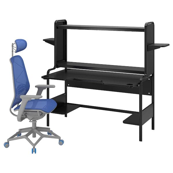 Ikea FREDDE / STYRSPEL - Gaming desk and chair, black blue / light gray ,