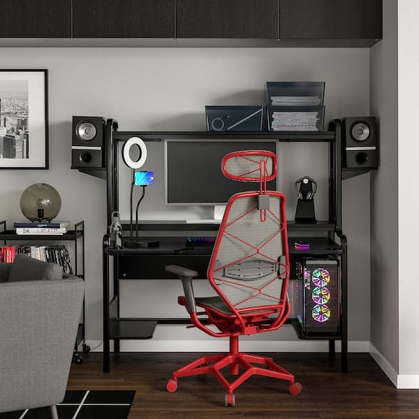 FREDDE / STYRSPEL - Gaming desk and chair, black grey/red