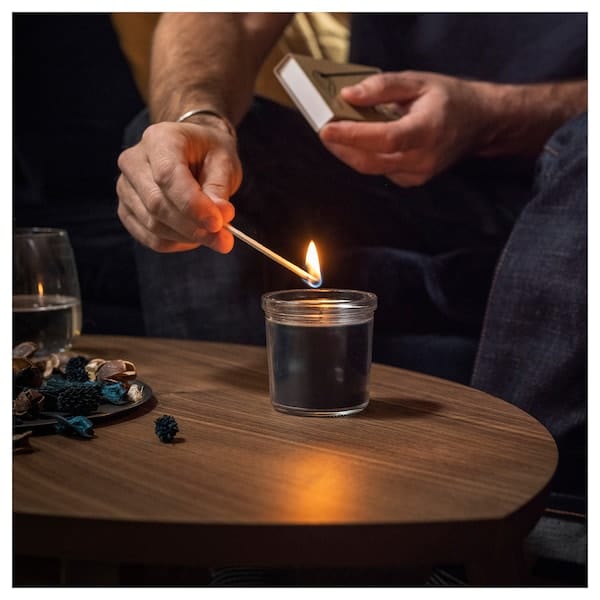 Ikea FRUKTSKOG - Scented candle in glass, Vetiver & geranium/black-turquoise, 20 hr