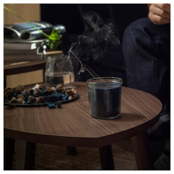 Ikea FRUKTSKOG - Scented candle in glass, Vetiver & geranium/black-turquoise, 20 hr