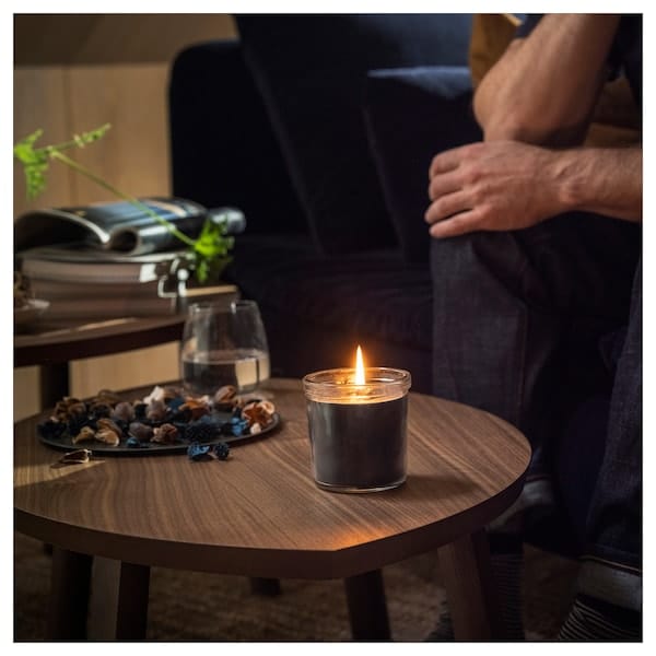 Ikea FRUKTSKOG - Scented candle in glass, Vetiver & geranium/black-turquoise, 20 hr