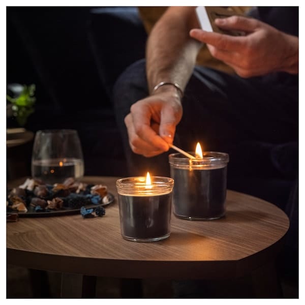 Ikea FRUKTSKOG - Scented candle in glass, Vetiver & geranium/black-turquoise, 20 hr