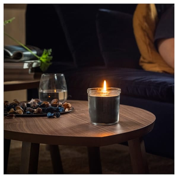Ikea FRUKTSKOG - Scented candle in glass, Vetiver & geranium/black-turquoise, 40 hr