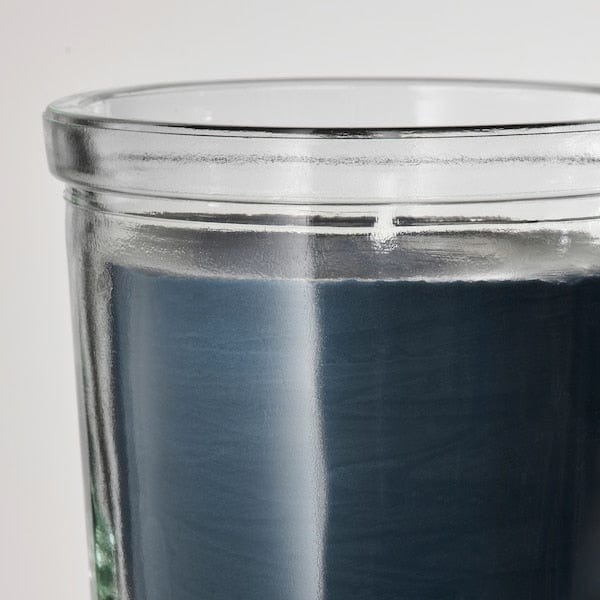 Ikea FRUKTSKOG - Scented candle in glass, Vetiver & geranium/black-turquoise, 20 hr