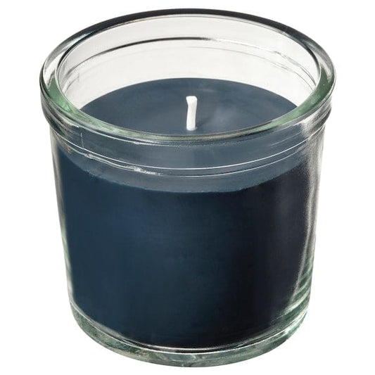 Ikea FRUKTSKOG - Scented candle in glass, Vetiver & geranium/black-turquoise, 20 hr