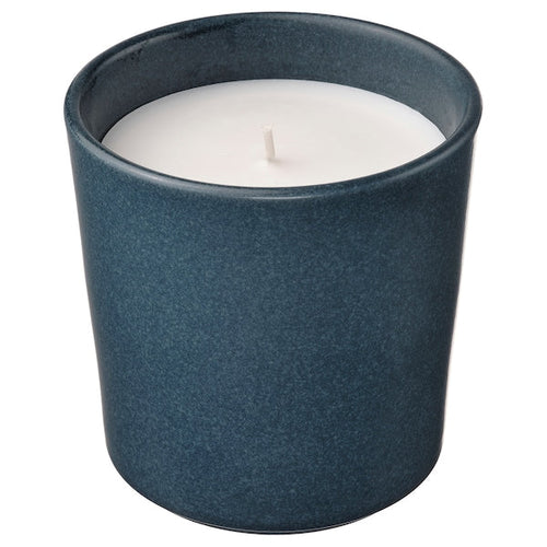 FRUKTSKOG - Scented candle in ceramic jar, Vetiver & geranium/black-turquoise, 50 hr