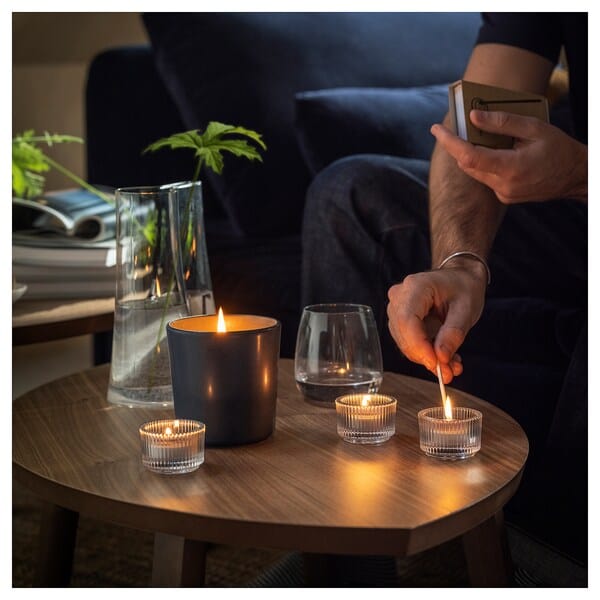 Ikea FRUKTSKOG - Scented tealight, Vetiver & geranium/black-turquoise, 3.5 hr