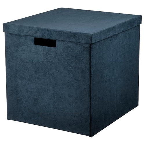 GJÄTTA - Storage box with lid, velvet dark blue, 32x35x32 cm