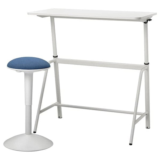 GLADHÖJDEN / NILSERIK - Active sitting desk/stool, white/dark blue , - best price from Maltashopper.com 99501201