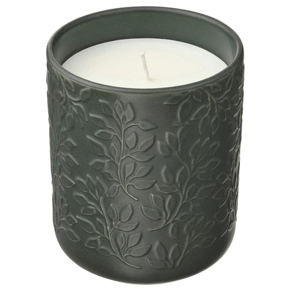 GLASBJÖRK - Scented candle in ceramic jar, Cedarwood & vanilla/deep green