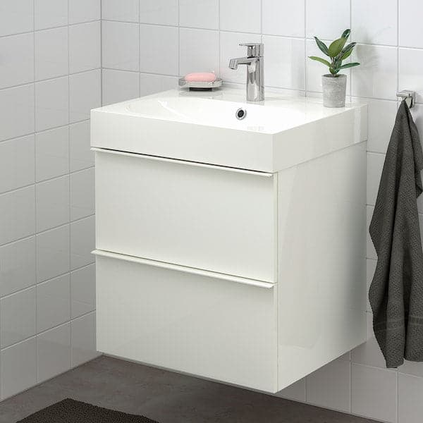GODMORGON / BRÅVIKEN Cabinet for washbasin with 2 drawers - white gloss/Miscel Brogrund 61x49x68 cm
