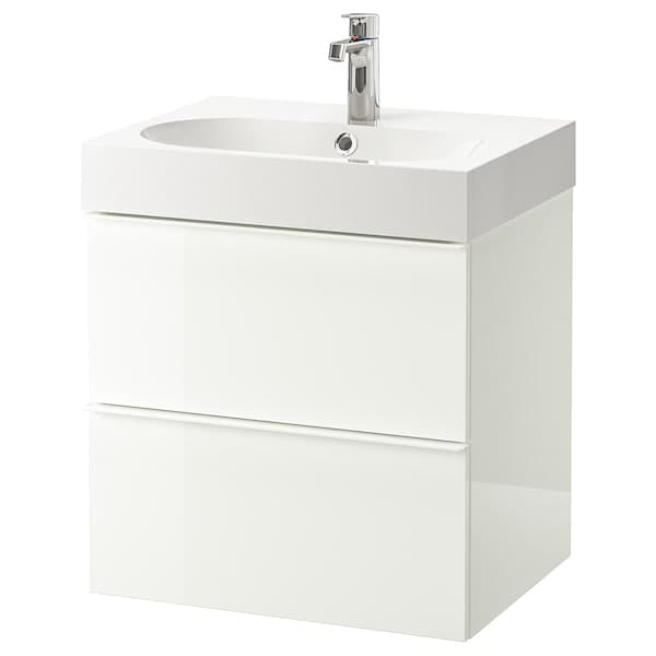 GODMORGON / BRÅVIKEN Cabinet for washbasin with 2 drawers - white gloss/Miscel Brogrund 61x49x68 cm