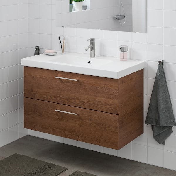 GODMORGON / ODENSVIK Mobile for sink with 2 drawers - brown biting din effect/Miscel Dalskär 103x49x64 cm - Premium Bathroom Vanities from Ikea - Just €492.99! Shop now at Maltashopper.com