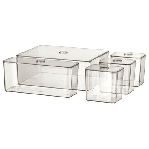 GODMORGON - Box with lid, set of 5, smoked, 24x20x10 cm