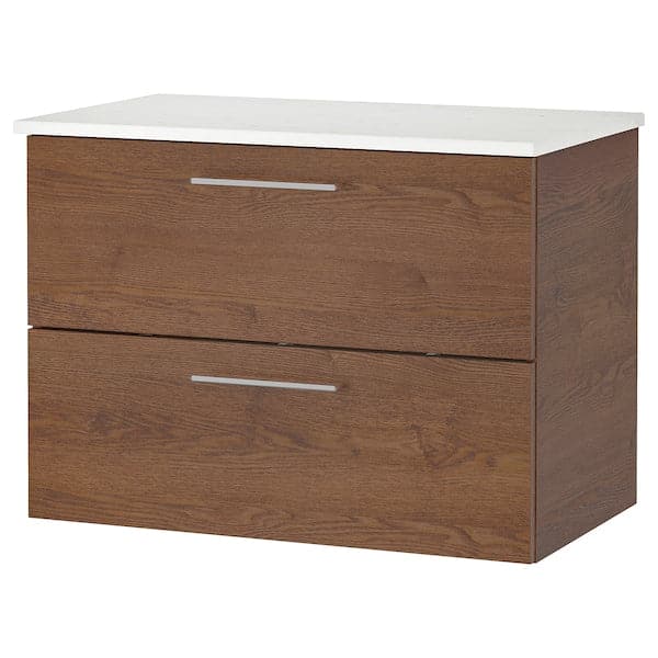 GODMORGON / TOLKEN - Wash-stand with 2 drawers, brown stained ash effect/marble effect, 82x49x60 cm - best price from Maltashopper.com 89305333