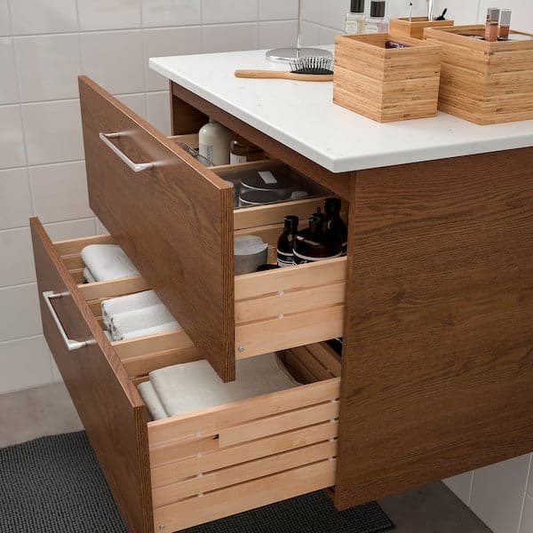 GODMORGON / TOLKEN - Wash-stand with 2 drawers, brown stained ash effect/marble effect , - Premium Bathroom Vanities from Ikea - Just €357.99! Shop now at Maltashopper.com