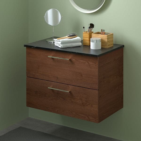 GODMORGON / TOLKEN - Wash-stand with 2 drawers, brown stained ash effect/black marble effect, 82x49x60 cm - best price from Maltashopper.com 99482491