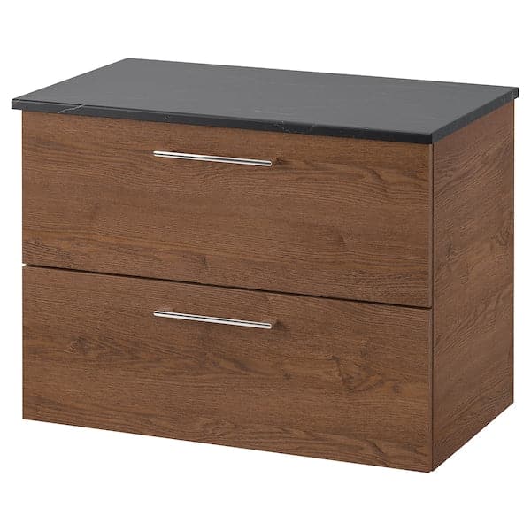 GODMORGON / TOLKEN - Wash-stand with 2 drawers, brown stained ash effect/black marble effect, 82x49x60 cm - best price from Maltashopper.com 99482491