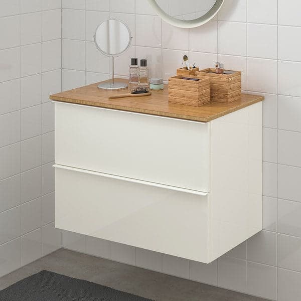 GODMORGON / TOLKEN - Wash-stand with 2 drawers, high-gloss white/bamboo