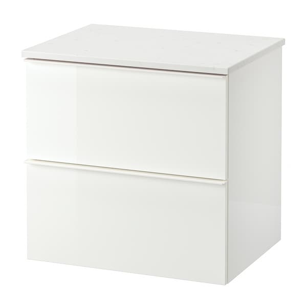 GODMORGON / TOLKEN - Wash-stand with 2 drawers, high-gloss white/marble effect, 62x49x60 cm - best price from Maltashopper.com 09295432