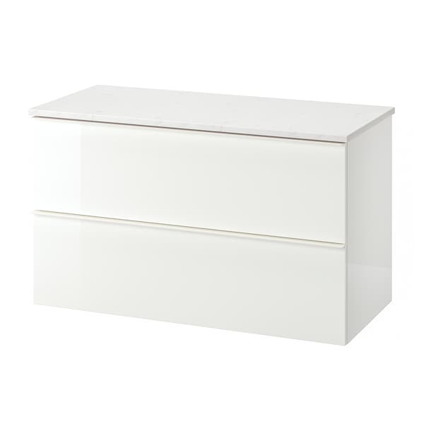 GODMORGON / TOLKEN - Wash-stand with 2 drawers, high-gloss white/marble effect, 102x49x60 cm - best price from Maltashopper.com 89295503