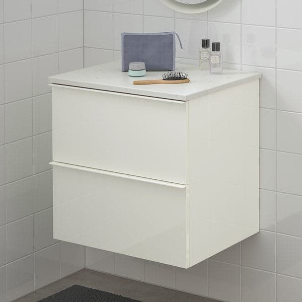 GODMORGON / TOLKEN - Wash-stand with 2 drawers, high-gloss white/marble effect, 62x49x60 cm - best price from Maltashopper.com 09295432