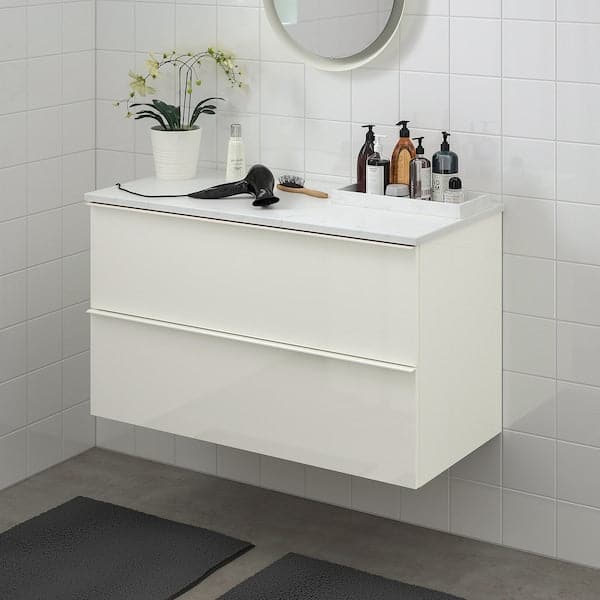 GODMORGON / TOLKEN - Wash-stand with 2 drawers, high-gloss white/marble effect, 102x49x60 cm - best price from Maltashopper.com 89295503