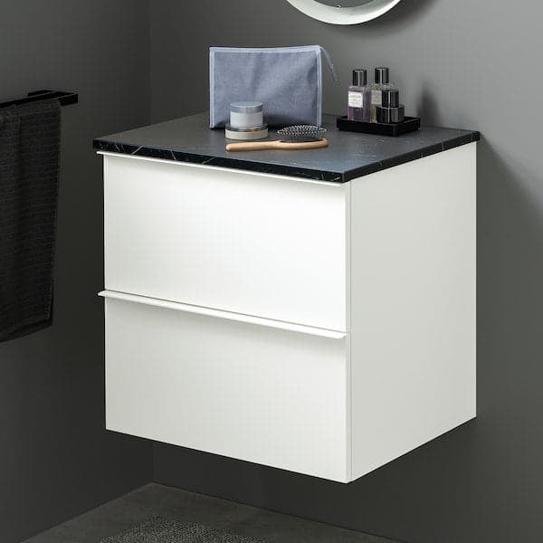 GODMORGON / TOLKEN - Wash-stand with 2 drawers, high-gloss white/black marble effect, 62x49x60 cm - best price from Maltashopper.com 89482528