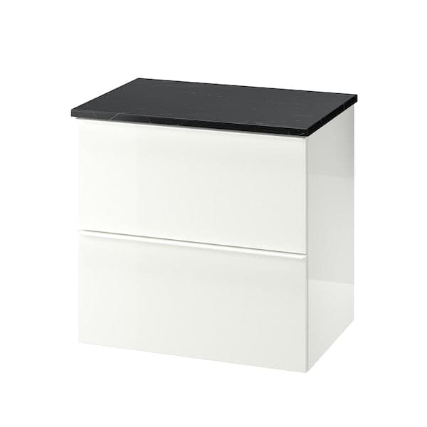 GODMORGON / TOLKEN - Wash-stand with 2 drawers, high-gloss white/black marble effect, 62x49x60 cm - best price from Maltashopper.com 89482528