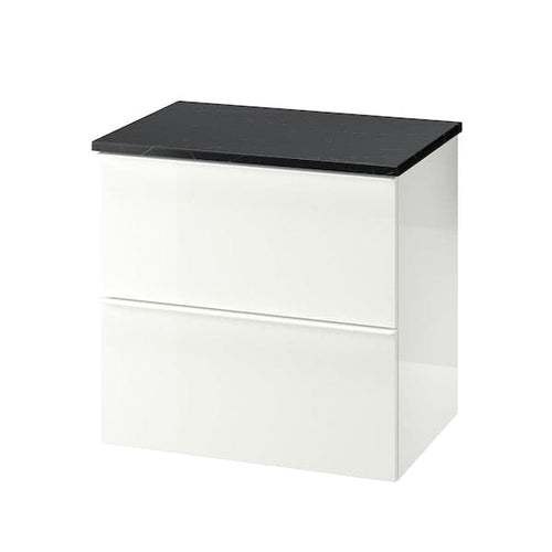 GODMORGON / TOLKEN - Wash-stand with 2 drawers, high-gloss white/black marble effect, 62x49x60 cm