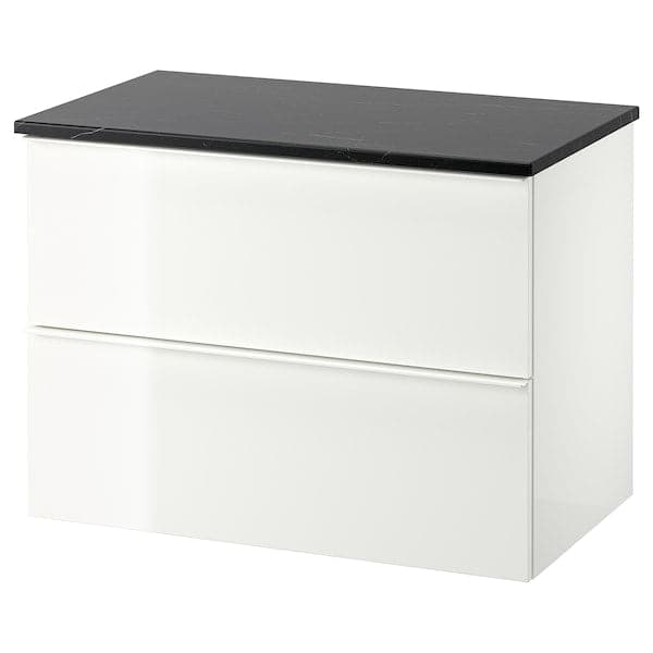 GODMORGON / TOLKEN - Wash-stand with 2 drawers, high-gloss white/black marble effect, 82x49x60 cm - best price from Maltashopper.com 19482485